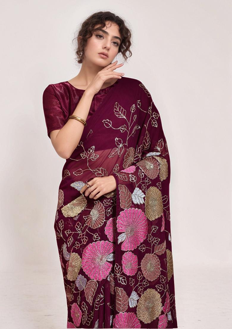 Wine Sequin Georgette Saree Set - Indya