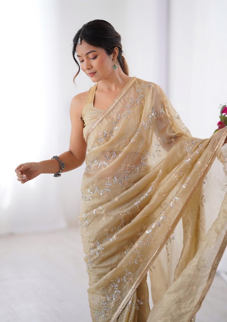 Beige Sequin Gold Crush Saree Set - Indya