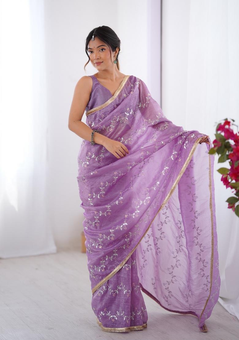 Purple Sequin Gold Crush Saree Set - Indya