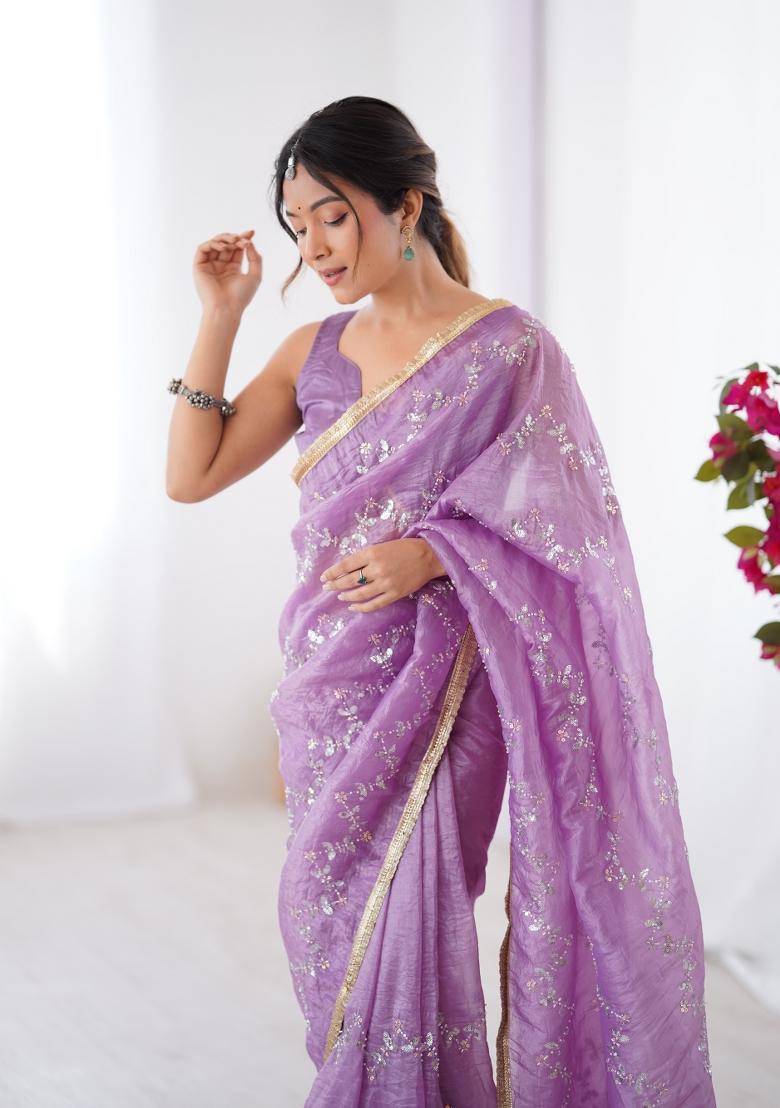 Purple Sequin Gold Crush Saree Set - Indya