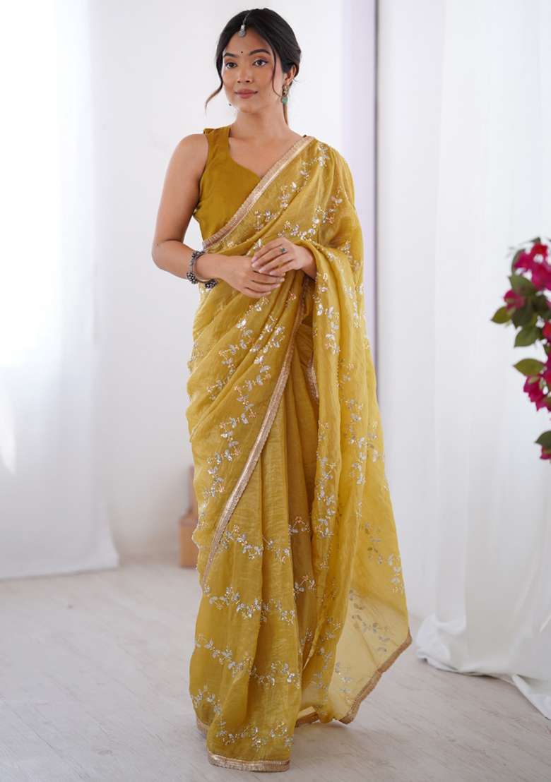 Mustard Gold Crush Saree Set with Sequin for Diwali | Wedding & Festive Wear - Indya