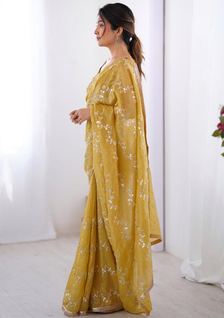 Mustard Sequin Gold Crush Saree Set - Indya