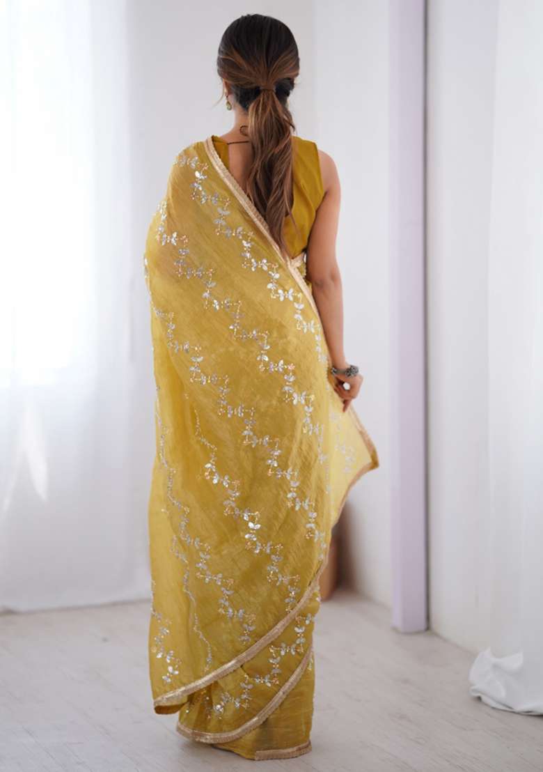 Mustard Gold Crush Saree Set with Sequin for Diwali | Wedding & Festive Wear - Indya