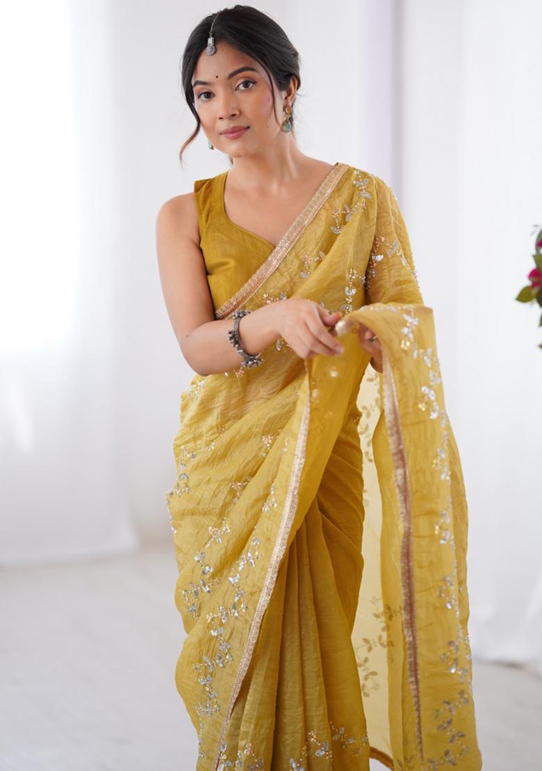 Mustard Sequin Gold Crush Saree Set - Indya
