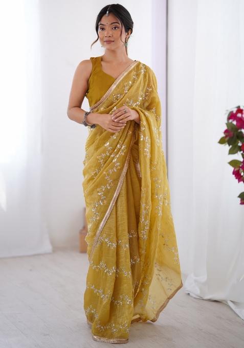 Mustard Sequin Gold Crush Saree Set
