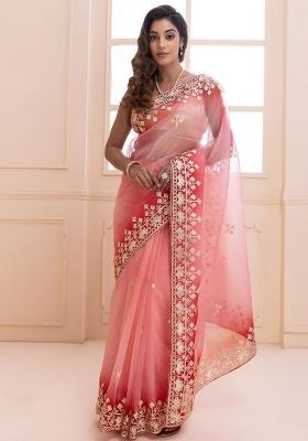 Pink Solid Silk Saree Set
