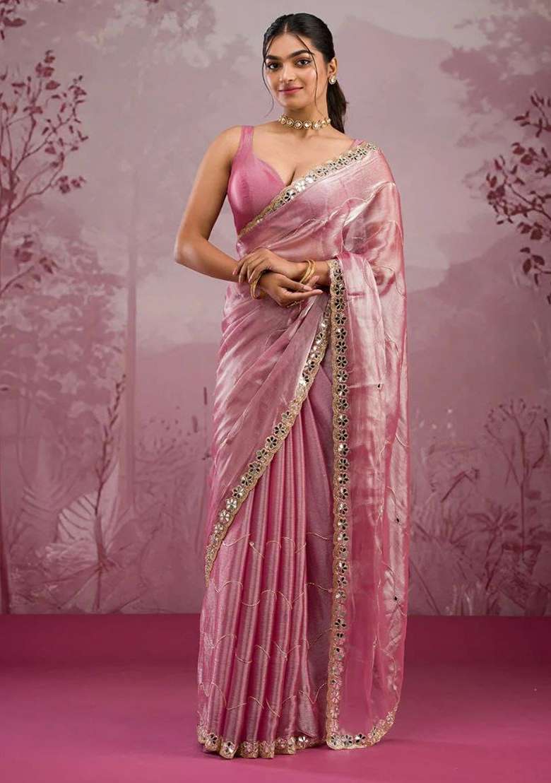 Pink Solid Jimmy Choo Saree Set for Diwali | Wedding & Festive Wear - Indya