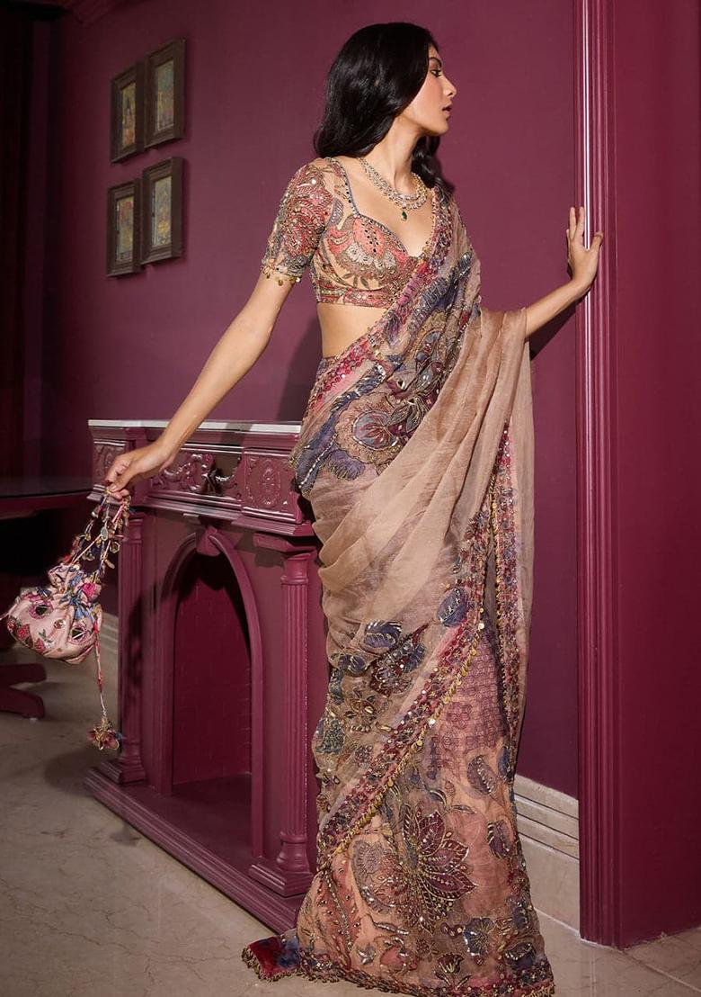 Beige Solid Georgette Saree Set - Indya