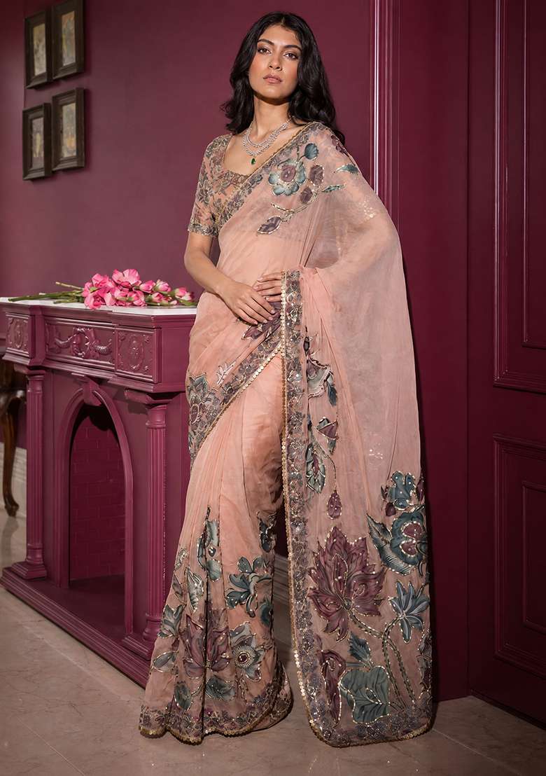 Beige Solid Georgette Saree Set - Indya