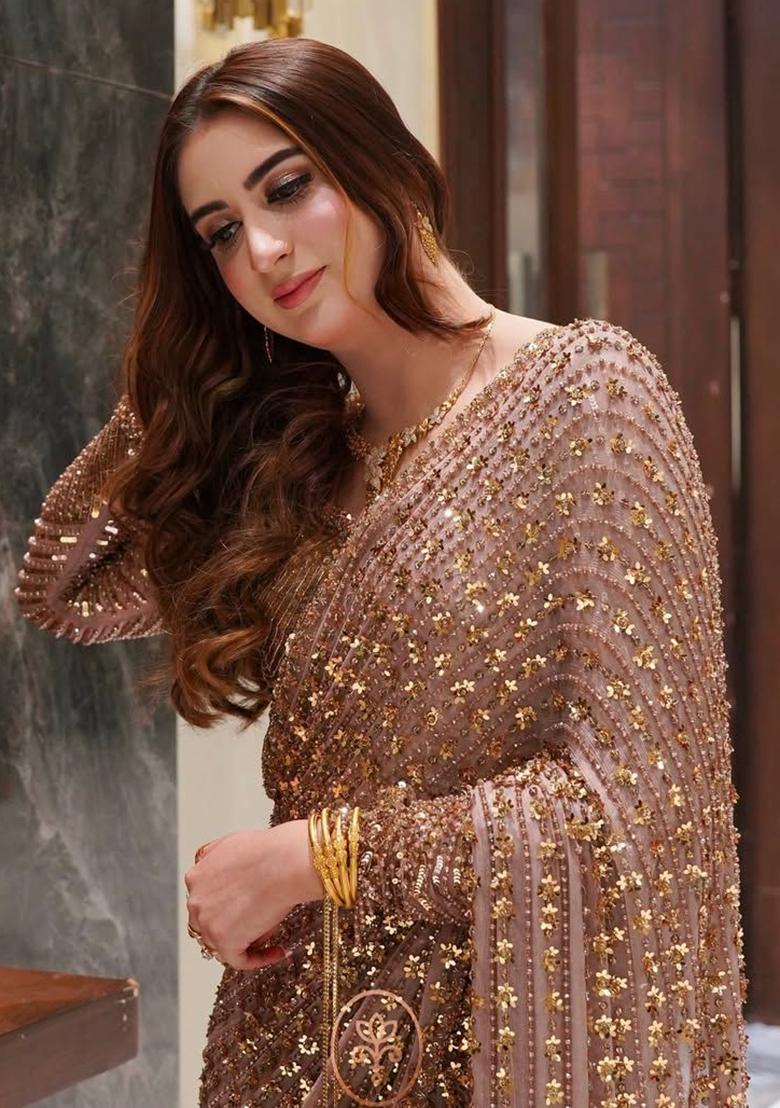 Light Pink Solid Net Saree Set - Indya