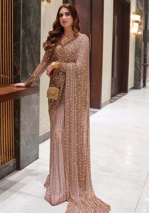 Light Pink Solid Net Saree Set