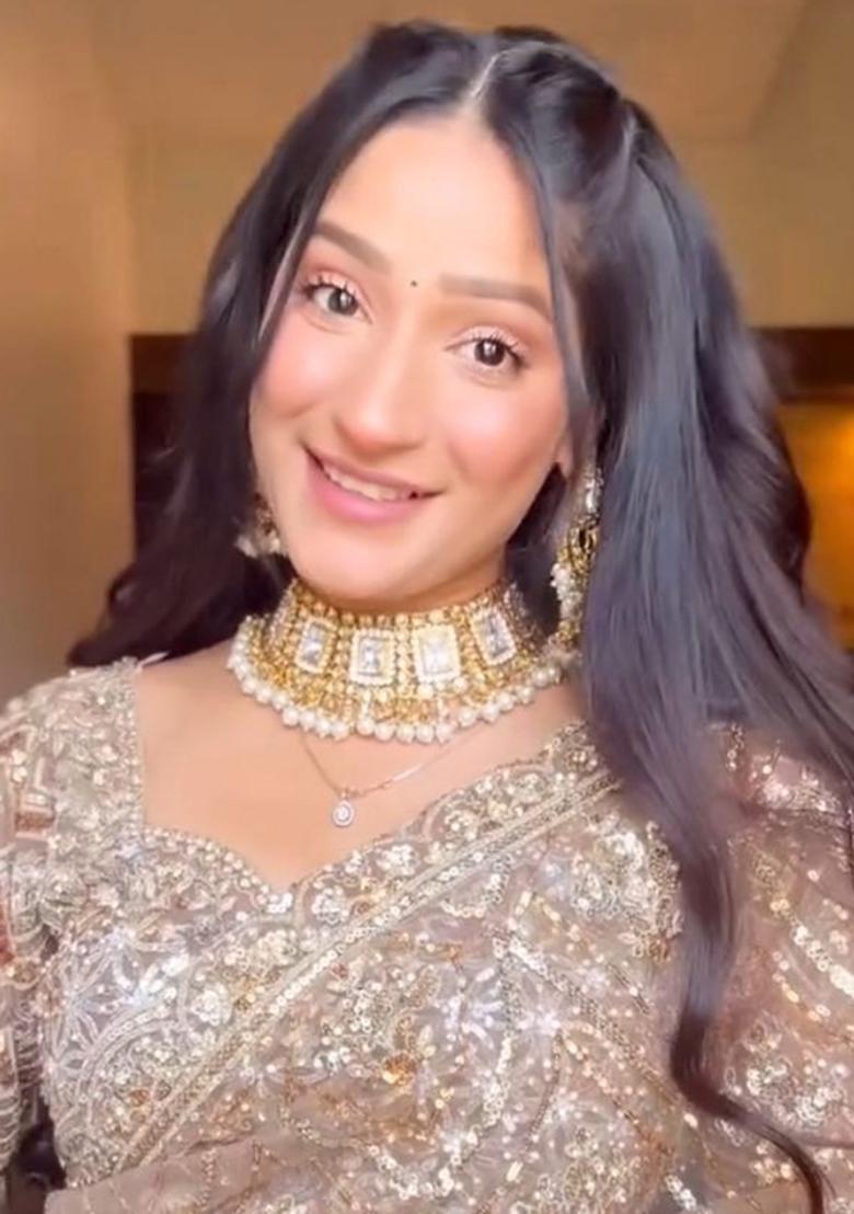 Brown Solid Net Saree Set - Indya