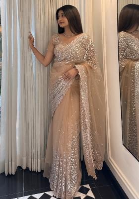 Cream Solid Net Saree Set