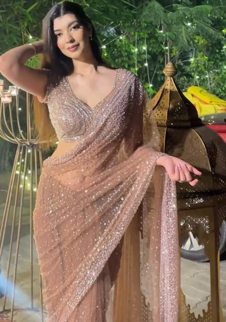 Cream Solid Net Saree Set - Indya