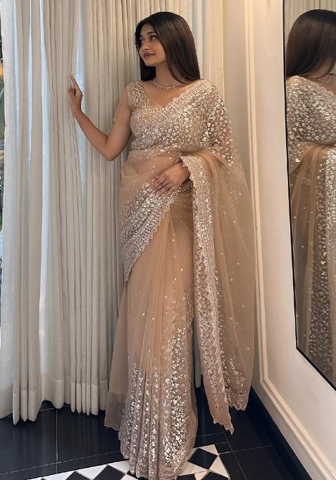 Cream Solid Net Saree Set — view on Indya