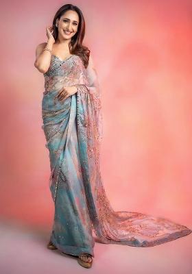 Blue Solid Silk Saree Set