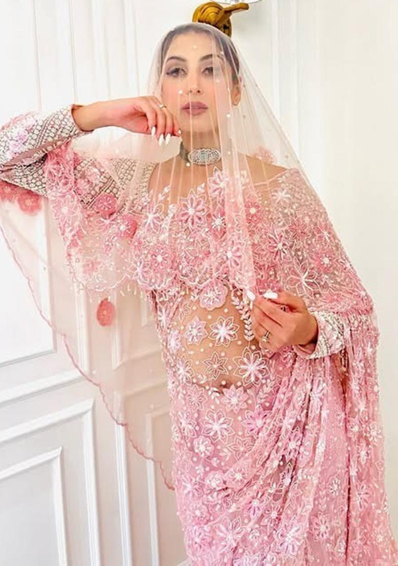 Pink Solid Net Saree Set - Indya