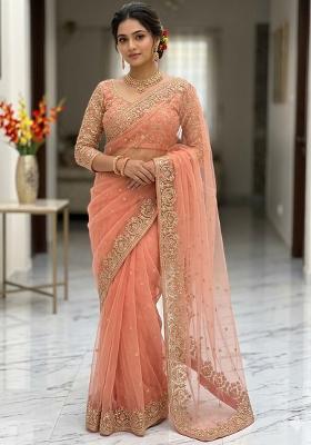 Peach Solid Net Saree Set