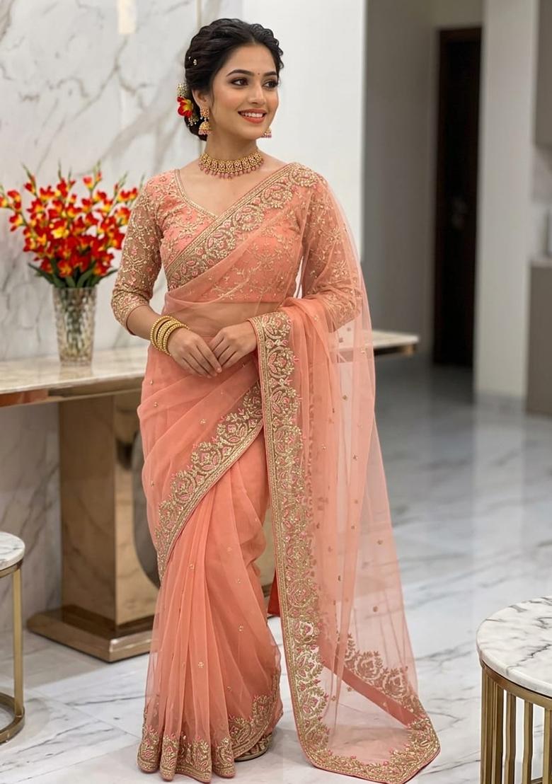 Peach Solid Net Saree Set - Indya
