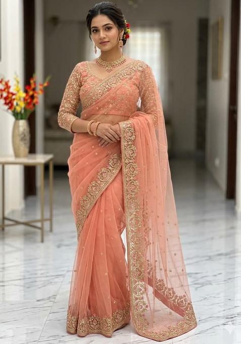 Peach Solid Net Saree Set