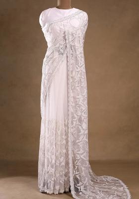 White Solid Net Saree Set