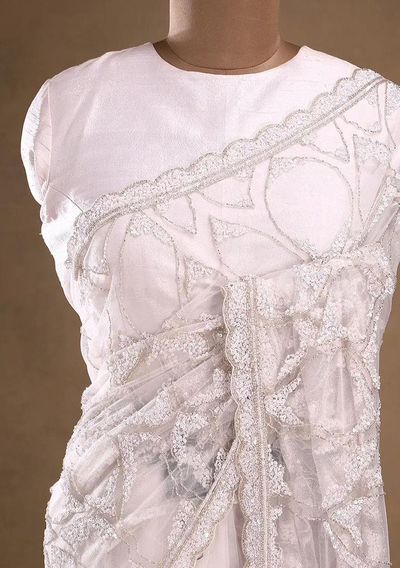 White Solid Net Saree Set - Indya