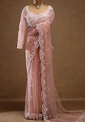 Peach Solid Net Saree Set