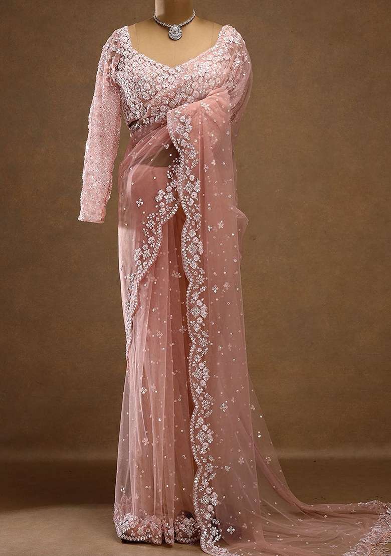 Peach Solid Net Saree Set for Diwali and Festive Wear - Indya