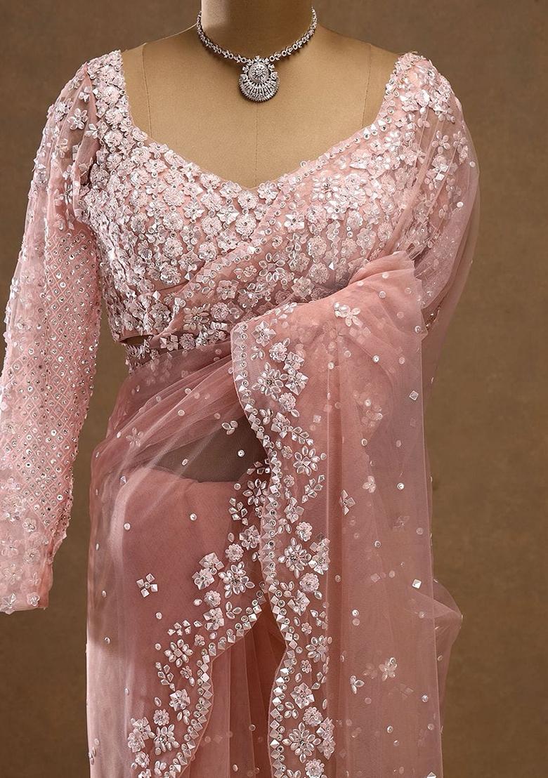 Peach Solid Net Saree Set - Indya