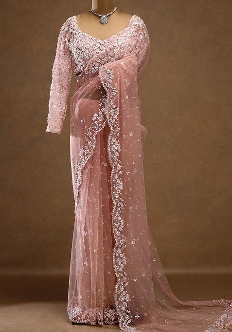 Peach Solid Net Saree Set — view on Indya