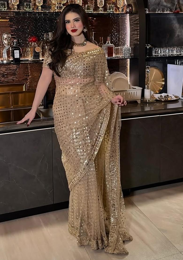 Cream Solid Net Saree Set - Indya