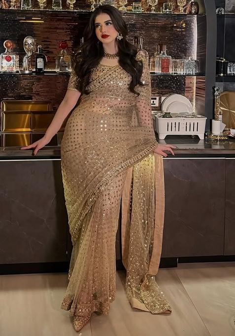 Cream Solid Net Saree Set — view on Indya