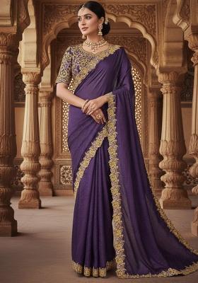 Purple Solid Satin Saree Set