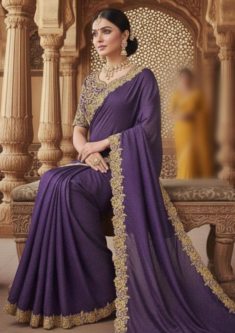 Purple Solid Satin Saree Set - Indya