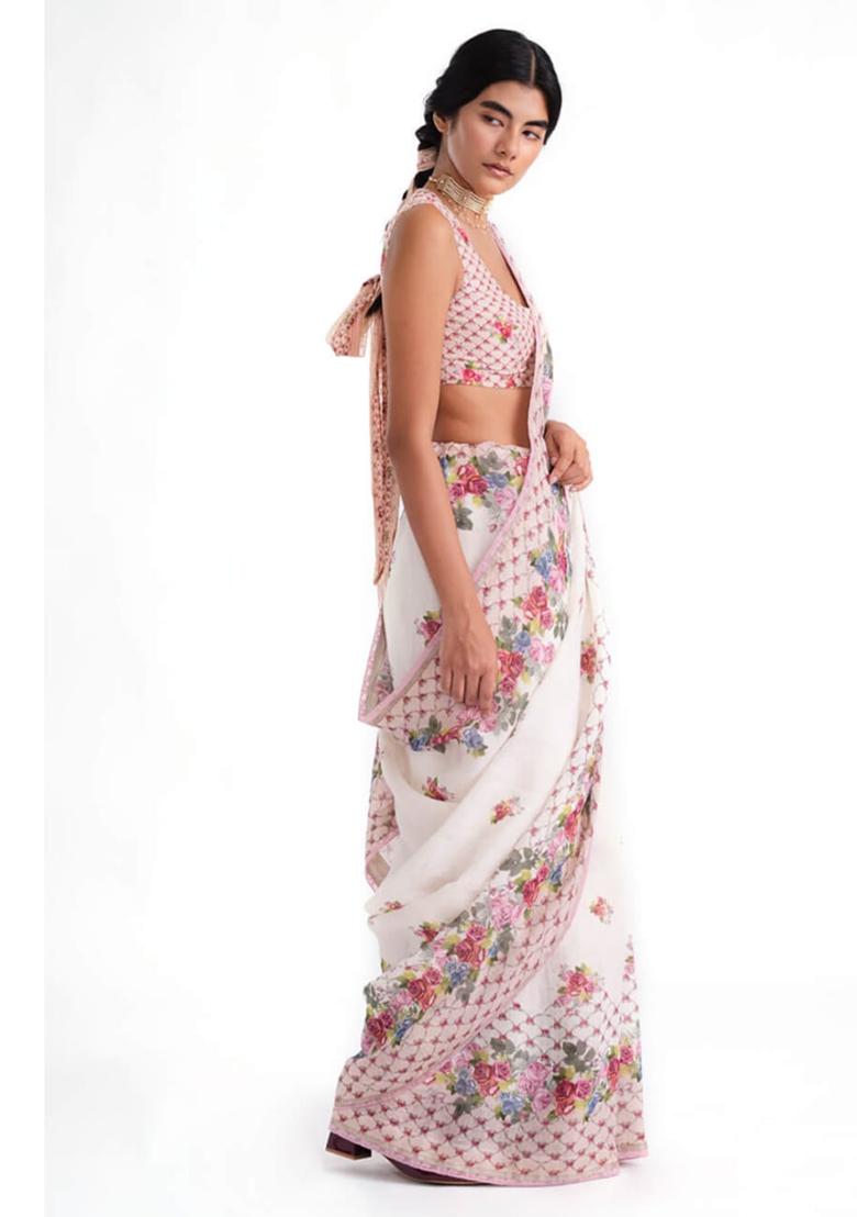 White Solid Linen Saree Set - Indya