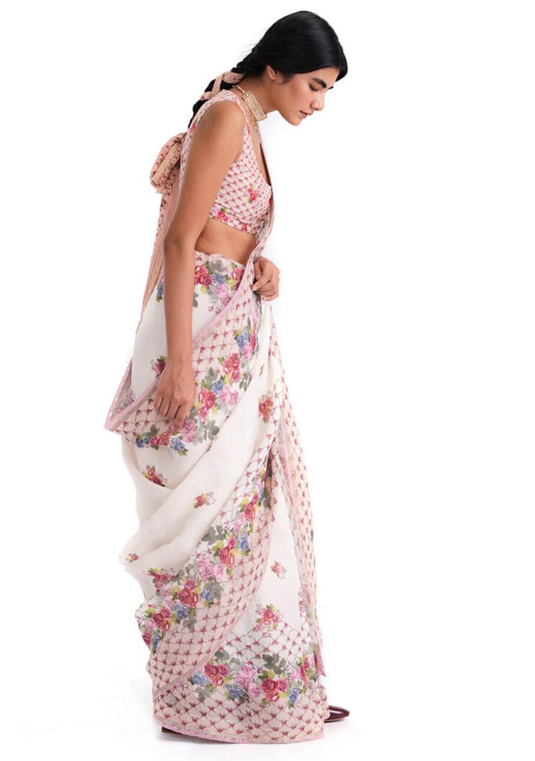 White Solid Linen Saree Set - Indya