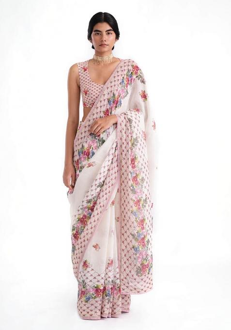 White Solid Linen Saree Set