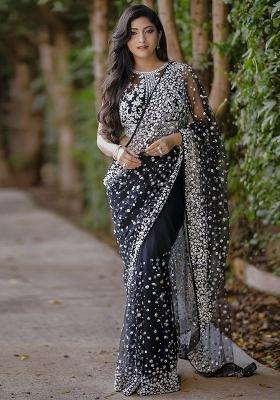 Black Solid Net Saree Set