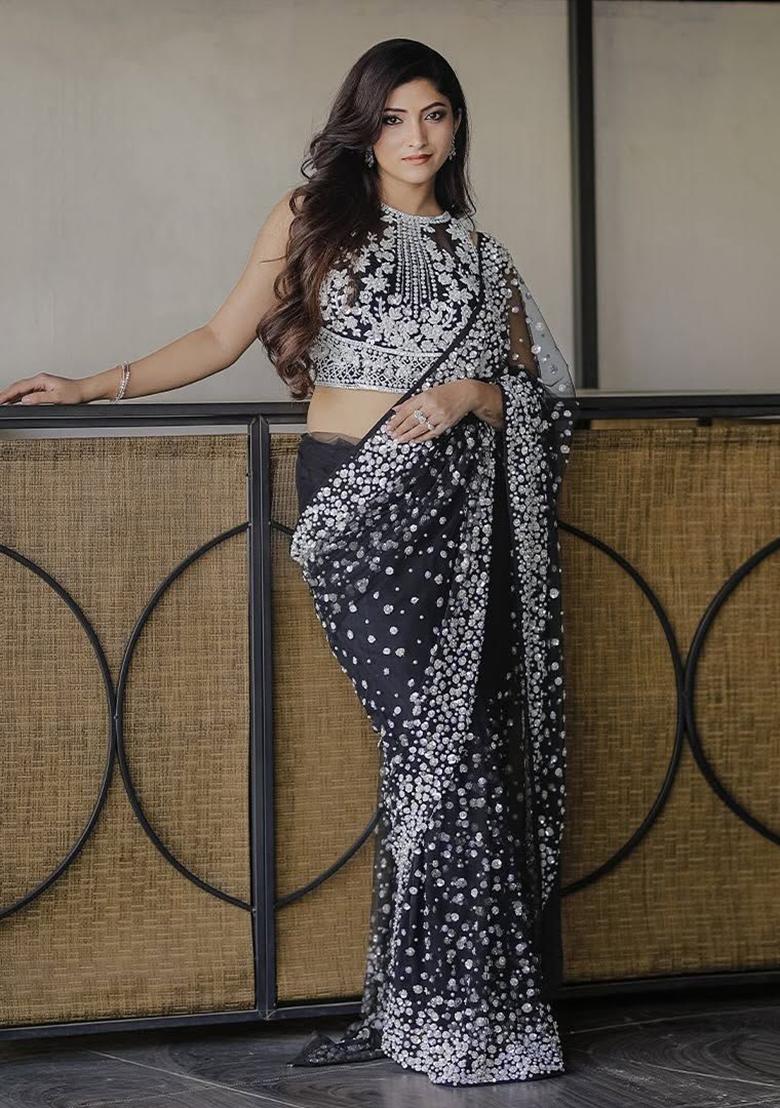Black Solid Net Saree Set - Indya