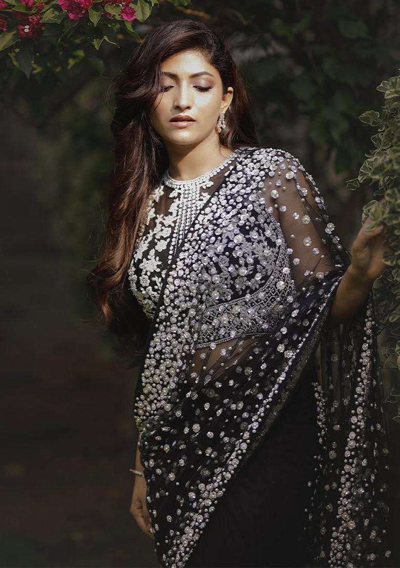 Black Solid Net Saree Set - Indya