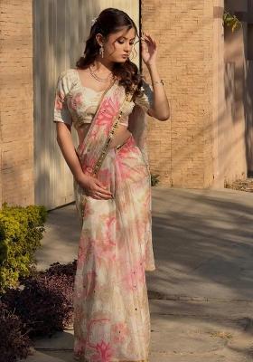 Cream Solid Silk Saree Set