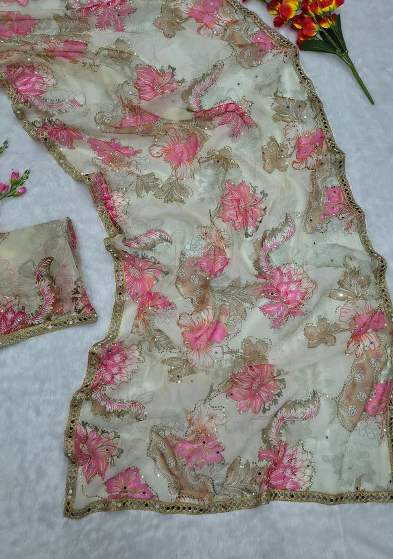 Cream Solid Silk Saree Set - Indya