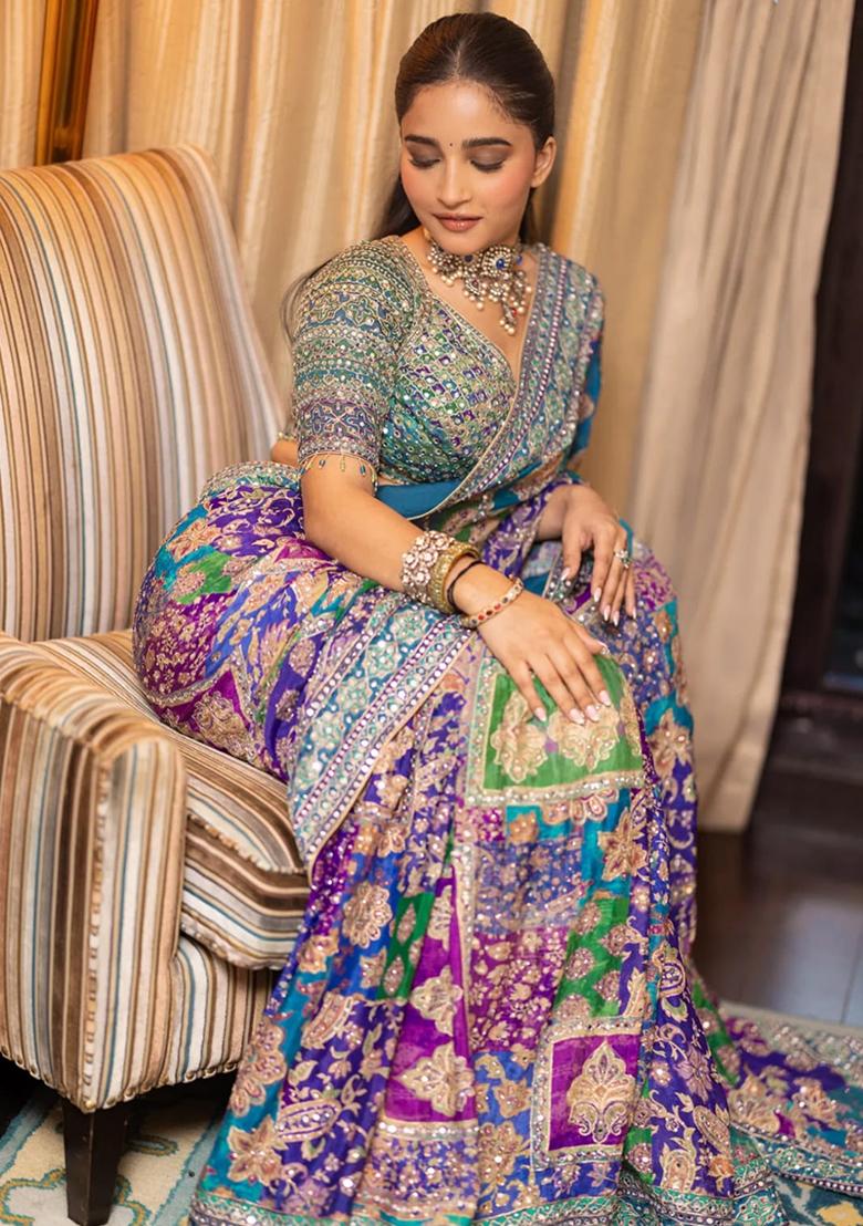 Blue Solid Silk Saree Set - Indya
