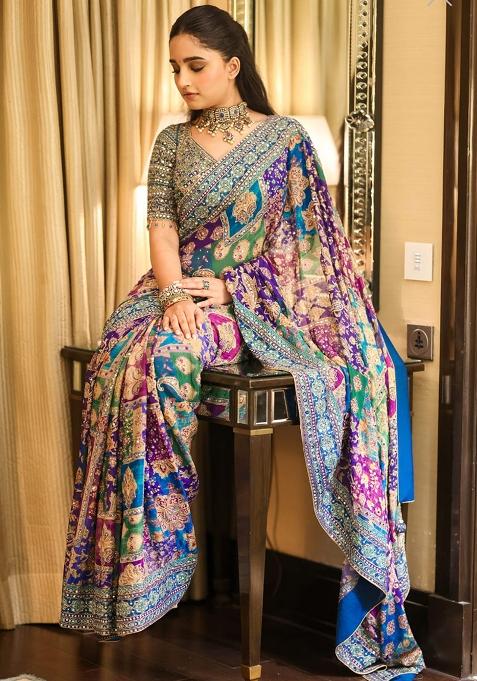Blue Solid Silk Blend Saree Set