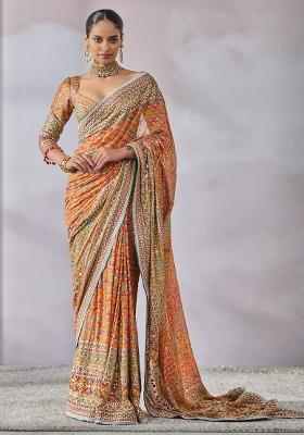 Orange Solid Silk Saree Set