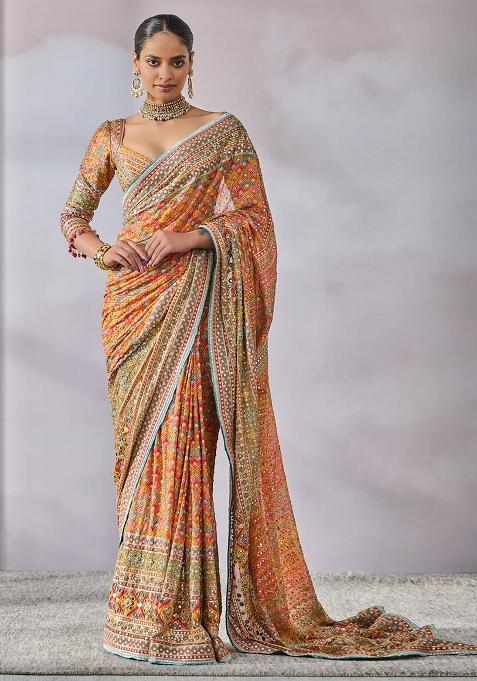 Orange Solid Silk Blend Saree Set