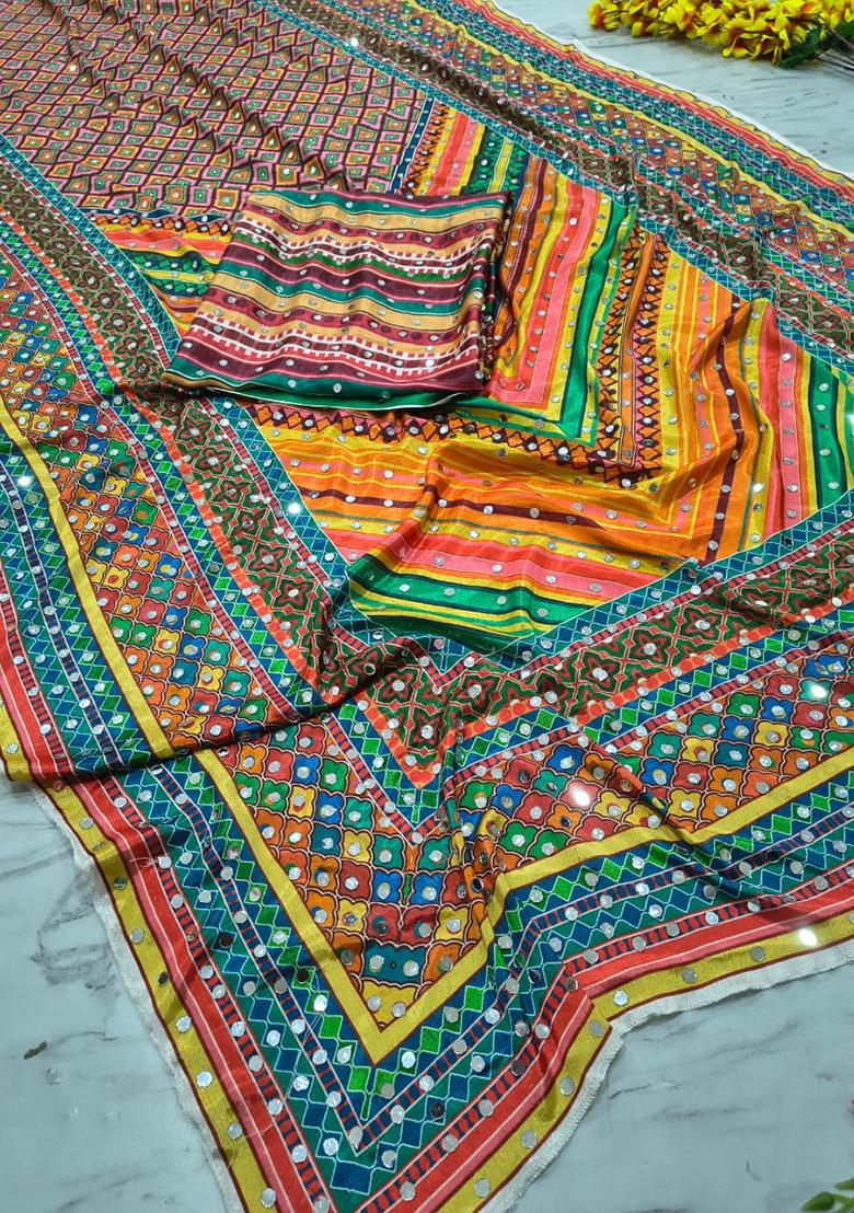 Multicolor Solid Silk Saree Set - Indya