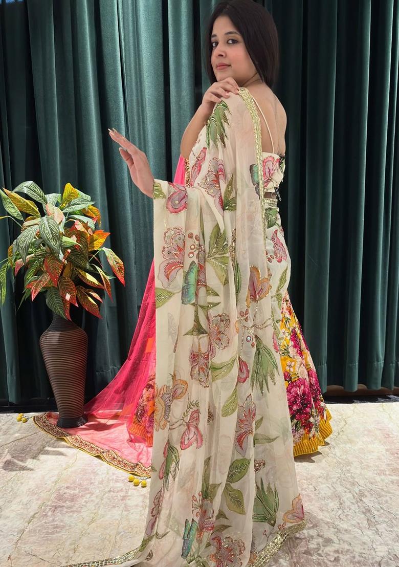 Cream Solid Silk Saree Set - Indya