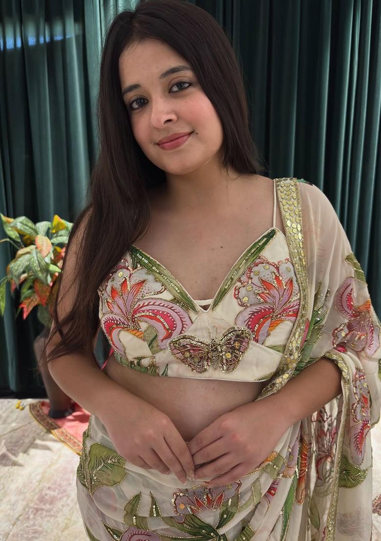 Cream Solid Silk Saree Set - Indya