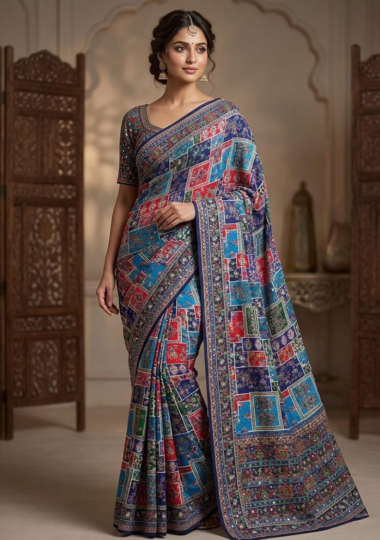 Blue Solid Silk Saree Set - Indya